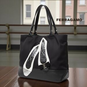 SALVATORE FERRAGAMO BLACK LEATHER/NYLON SHOULDER HANDBAG TOTE EMBELLISHED DESIGN